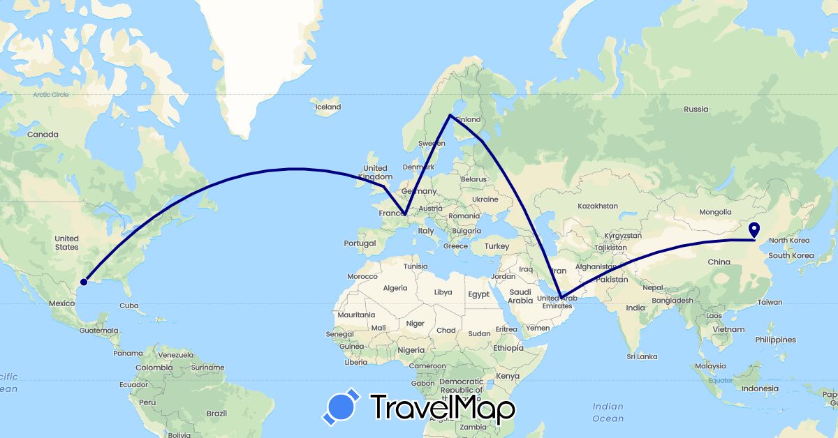 TravelMap itinerary: driving in United Arab Emirates, Switzerland, China, United Kingdom, Russia, Sweden, United States (Asia, Europe, North America)